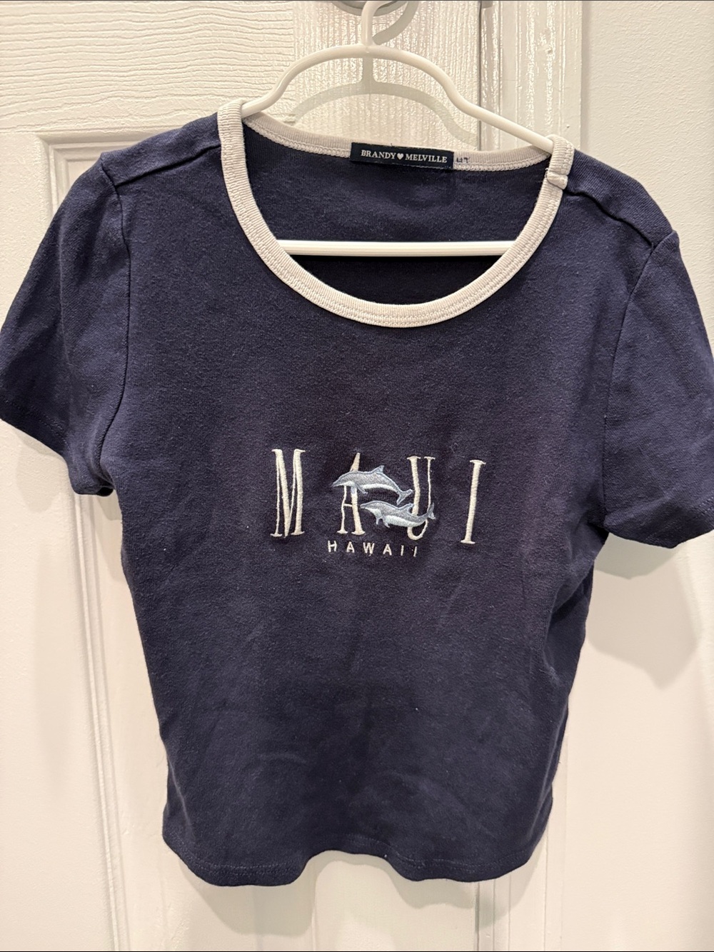 Brandy Melville Navy and White Demi cropped Maui Dolphin Tee.